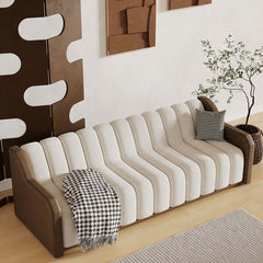 86.6 inch sleek white three-seater fluted velvet upholstered sofa with walnut leather armrests