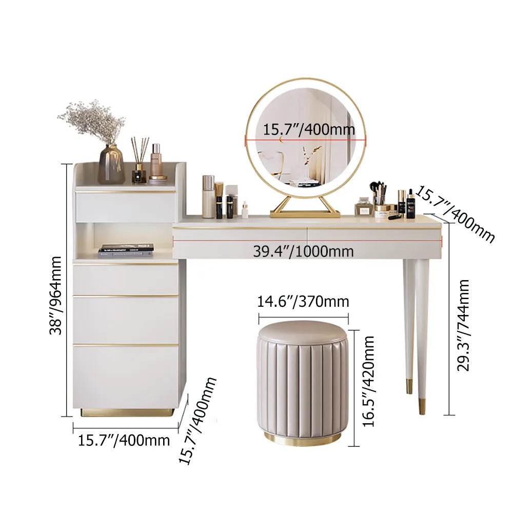 Vanity Desk Set Makeup Table with Large Sliding Lighted Mirror & Glass Top,  Modern Dressing Table with Drawers, Storage Shelves & Stool for Bedroom,  White – HawkinsWoodshop.com