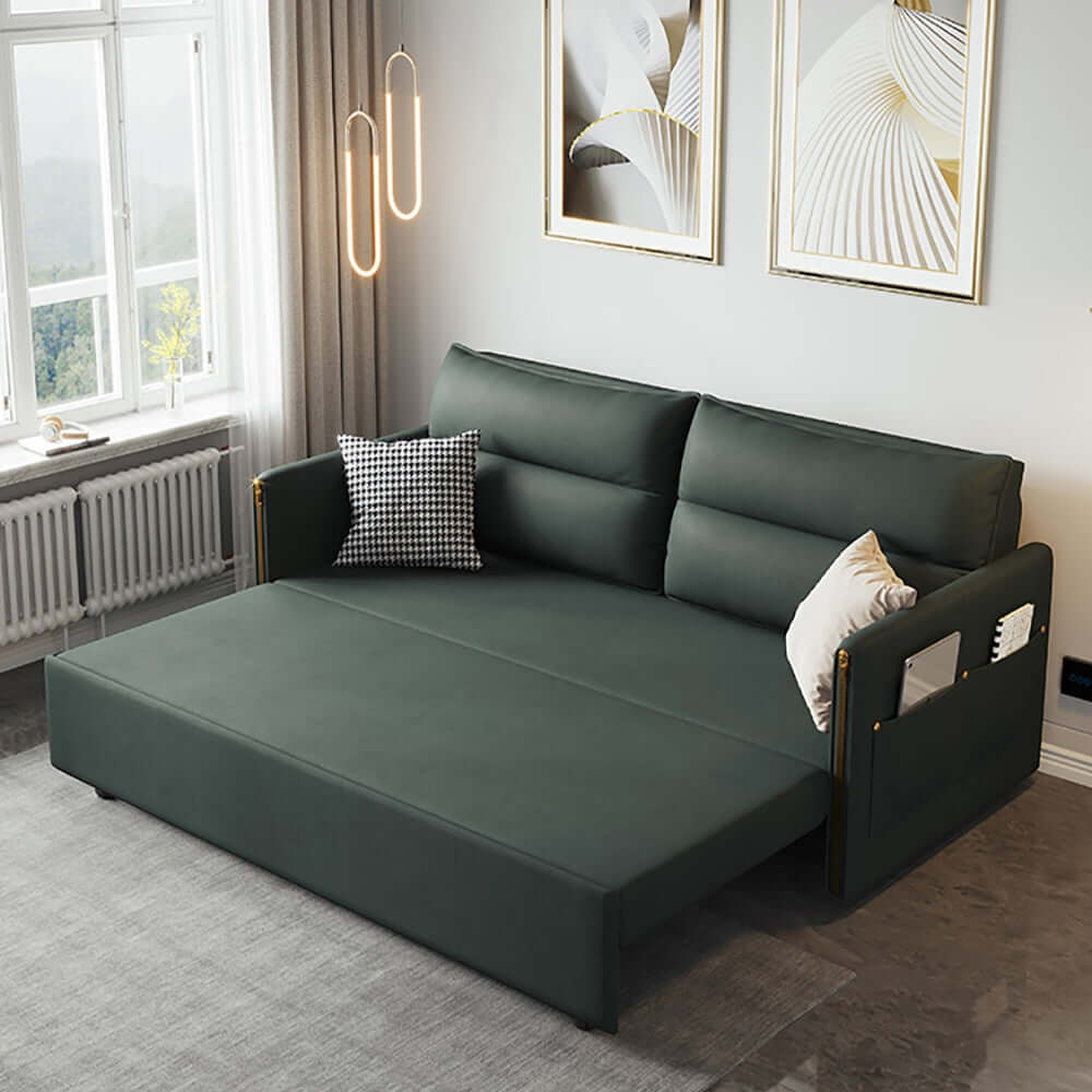 Contemporary 64-inch green convertible sofa bed with leathaire upholstery