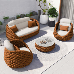 Rope Outdoor Sofa Set with Faux Marble Top Coffee Table - Sleek and practical furniture set for outdoor use