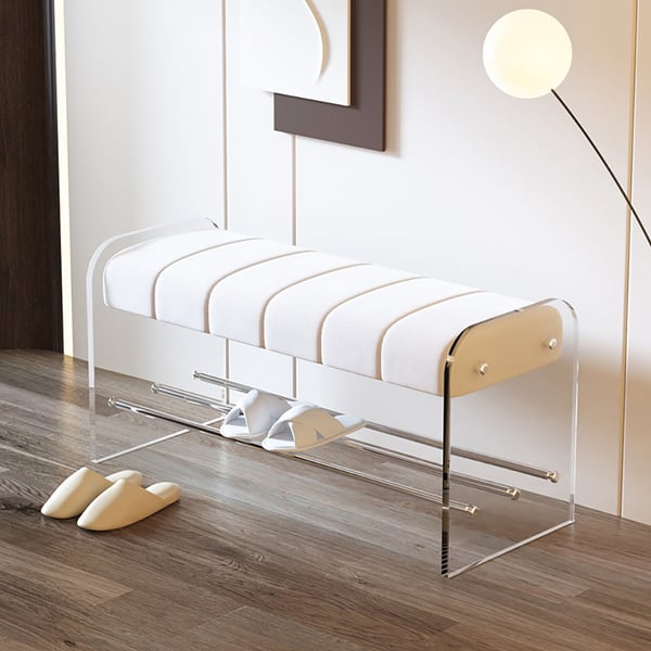 Velvet Upholstered Acrylic Entryway Bench Modern Line Bench in White Finish