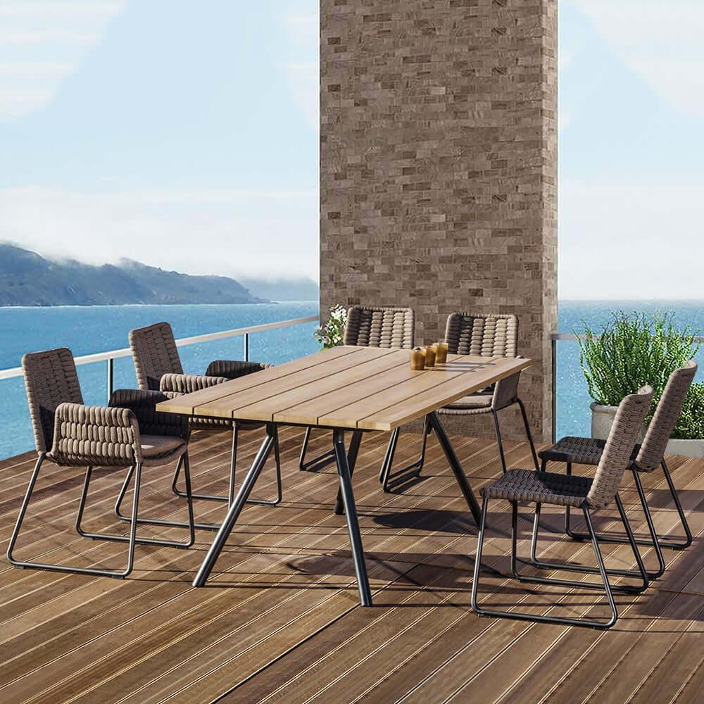7-piece aluminum patio dining set with stylish teak wood top table and comfortable rope chairs
