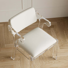 Trendy acrylic white dining chair with arms and PU leather upholstery for a contemporary dining experience