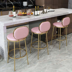 Trendy beige synthetic leather upholstered circular high stool with back 2-pack