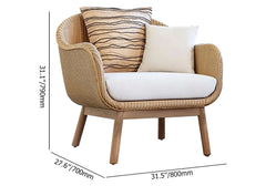 Outdoor armchair with rope woven design, solid wood frame, and khaki cushion pillow