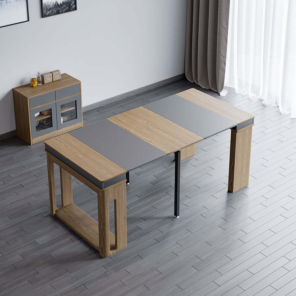 Modern extendable dining table with 4 chairs and rectangle storage sideboard in elegant walnut and gray finish