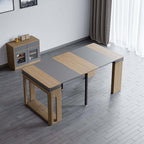 Modern extendable dining table with 4 chairs and rectangle storage sideboard in elegant walnut and gray finish