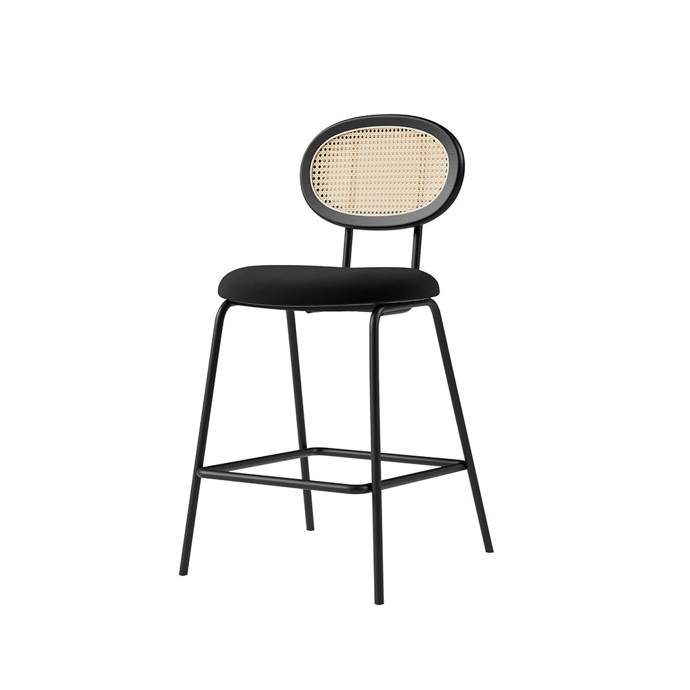 Black Velvet Counter Height Stools Set of 2 with Rattan Back for Kitchen Island
