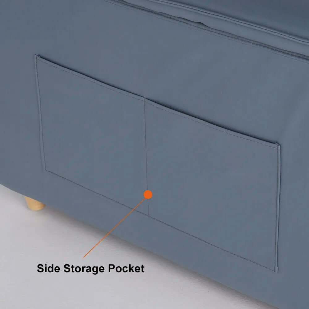 Blue sofa bed with storage and pockets for small spaces and guest accommodation