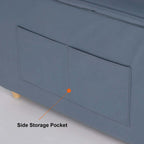 Blue sofa bed with storage and pockets for small spaces and guest accommodation