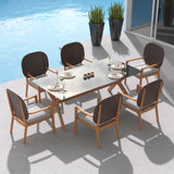 7 Pieces Teak Wood Outdoor Dining Set with Glass Top Table Rattan Armchair in Natural