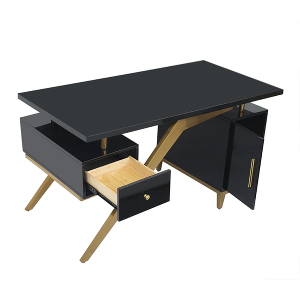 Black modern wooden executive writing desk and chair set for home office, 71 inches