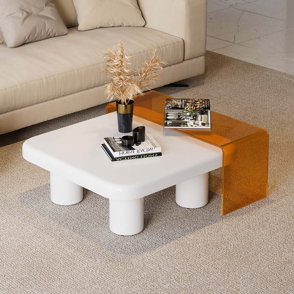 Modern Square Nesting Coffee Table Set of 2 in White & Orange for Living Room Decor Hauptbild