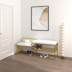 Stylish white PU leather entryway bench with gold legs