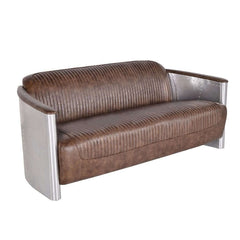 Industrial loft sofa with vintage brown PU leather and aviator design