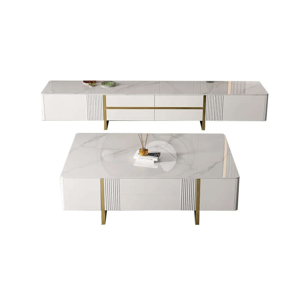 Elegant modern white TV stand and coffee table, 2-piece living room furniture