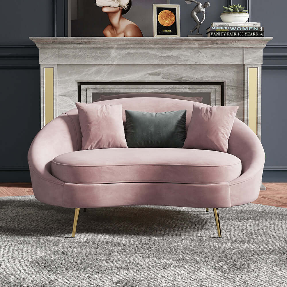 Pink velvet sofa with gold metal frame and toss pillow, modern design furniture メイン画像