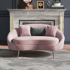 Pink velvet sofa with gold metal frame and toss pillow, modern design furniture