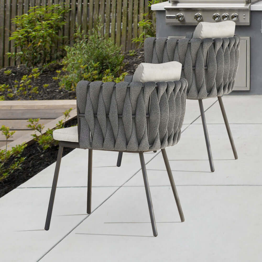 Aluminum and rope outdoor patio dining chair with cushion in coffee メイン画像