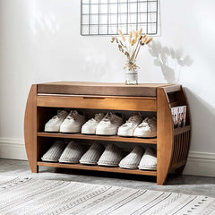 Rustic Entryway Flip Top Shoe Rack Bench with Bamboo Upholstered Seat and 3 Shelves