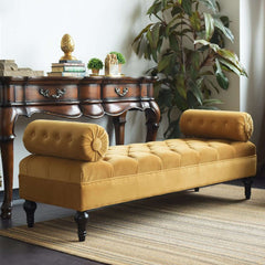 Retro arm bench velvet upholstered ottoman wooden frame in vintage style