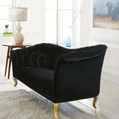 86.6 inch sleek black velvet sofa featuring channel tufting and gold accents