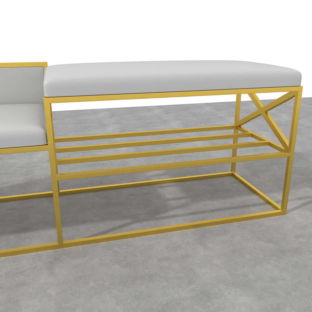Stylish white PU leather entryway bench with gold legs