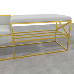 Stylish white PU leather entryway bench with gold legs