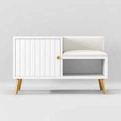 Modern white shoe rack bench with storage cabinet and shelf for hallway organization