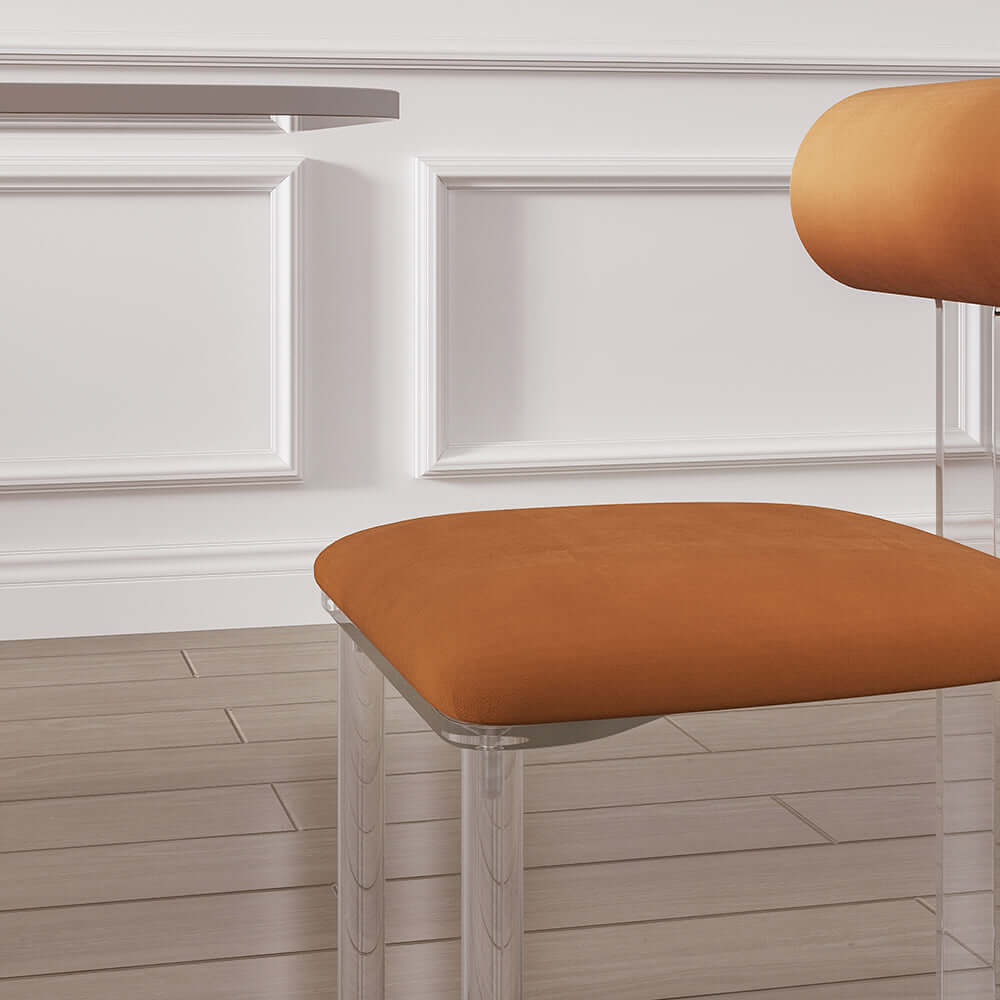Fashionable set of 2 modern upholstered orange velvet dining chairs with acrylic side chairs