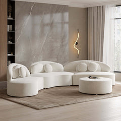 Beige velvet 7-seat sofa with round sectional design, ottoman, and accent pillows for modern living room