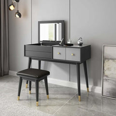 Stylish gray makeup vanity set with fliptop mirror & soft padded stool for comfort