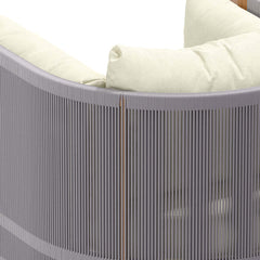 Gray woven rope chair with teak round table