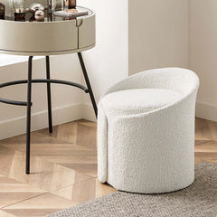 Elegant modern white round lamb boucle sherpa vanity stool with supportive backrest