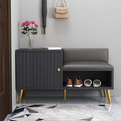 White shoe storage bench with cabinet and shelf - modern upholstered hallway organizer