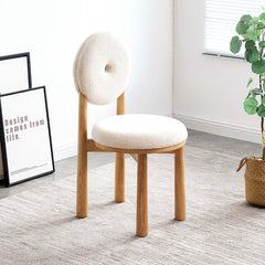 Modern white boucle sherpa dining chair with natural wood legs