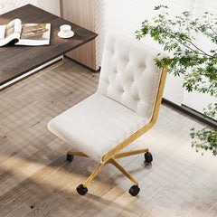 Ergonomic white swivel office chair with adjustable height and linen upholstery, armless design