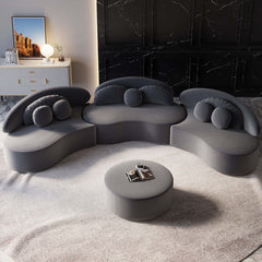 Elegant 7-seat round sectional sofa set in beige velvet with ottoman and decorative pillows