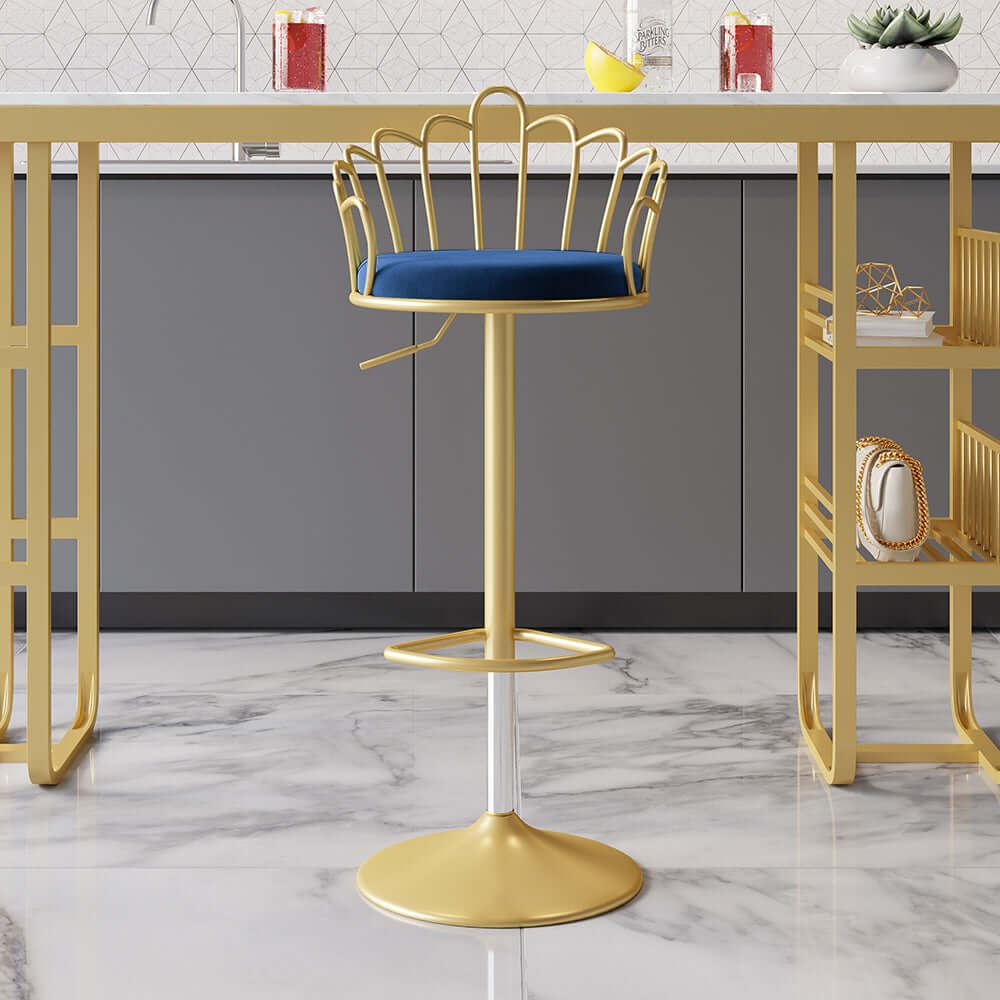 Blue Velvet Counter Height Barstools with Swivel Backrest - Set of 2 Elegant Kitchen Island Chairs