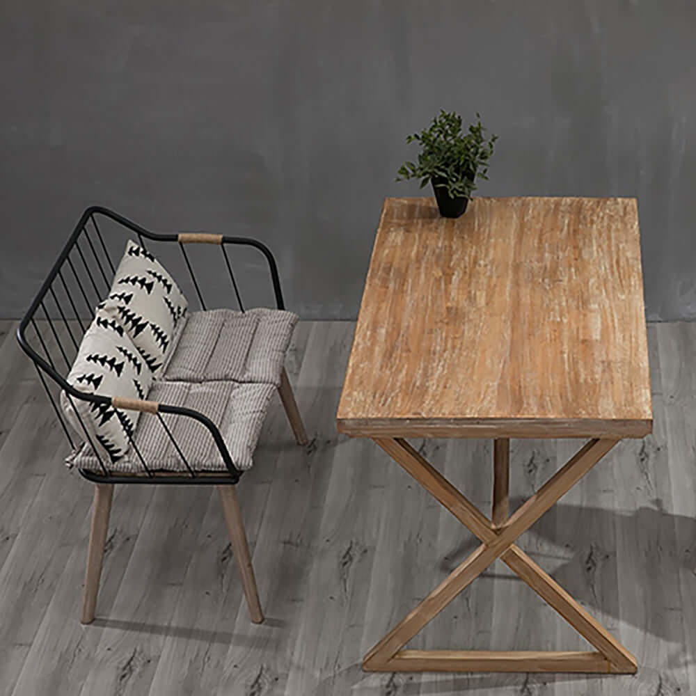 Classic wooden bench with backrest and armrests, perfect for patio decor