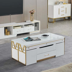 Contemporary white coffee table set with lift top, storage, and extendable accent table