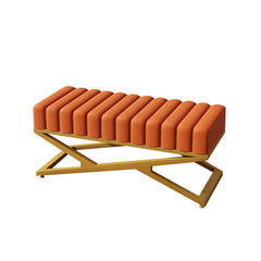 Fashionable Upholstered Ottoman Bench in Orange Velvet with Gold XBase