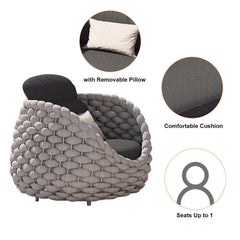 Outdoor armchair in gray with woven textilene rope and removable cushion for stylish relaxation