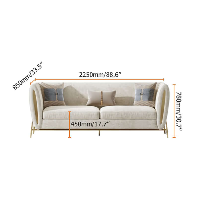 Luxurious beige velvet upholstered 3-seater sofa with solid wood frame and gold legs