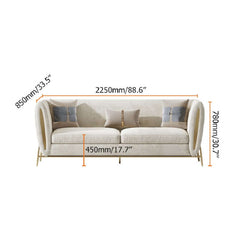 Luxurious beige velvet upholstered 3-seater sofa with solid wood frame and gold legs