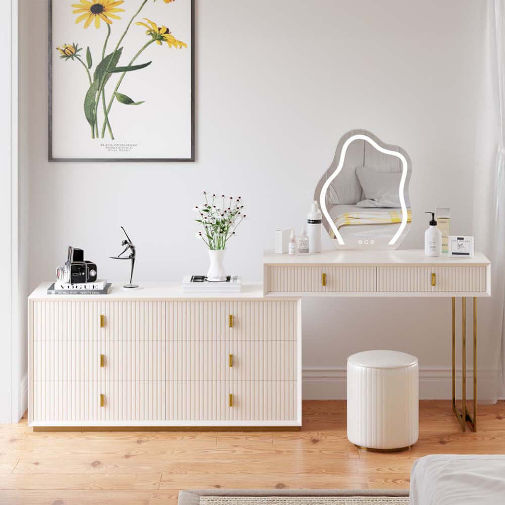 Modern White Makeup Vanity Set with 6Drawer Cabinet Dressing Table with Stool & Mirror Modern White Makeup Vanity Set with 6Drawer Cabinet Dressing Table with Stool & Mirror