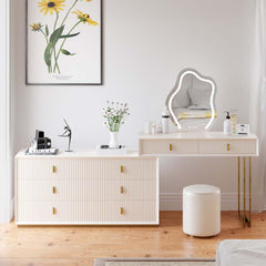 Elegant white makeup vanity with storage drawers, dressing table, mirror, and stool for bedroom furniture