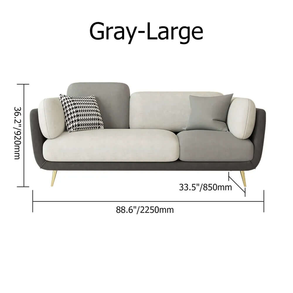 72.5 inch gray upholstered sofa with modern gold couch ideal for small living spaces