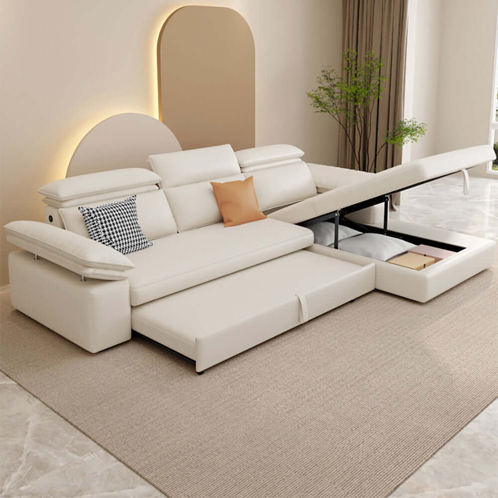 Off White Microfibres Reversible Sleeper Sectional Sofa with Chaise Pull  Out Sofa Bed