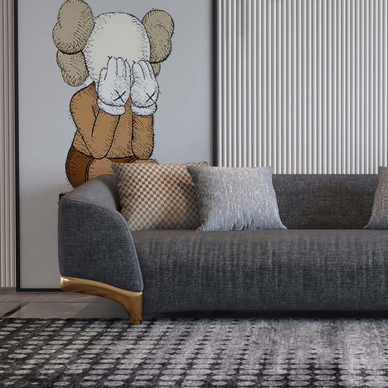 Luxurious 87 inch gray sofa with comfortable cotton and linen upholstery, three-seat sofa with gold legs